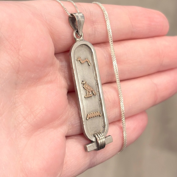Vintage Sterling 14K Egyptian Cartouche Necklace Double Sided Hieroglyphics - Picture 7 of 16